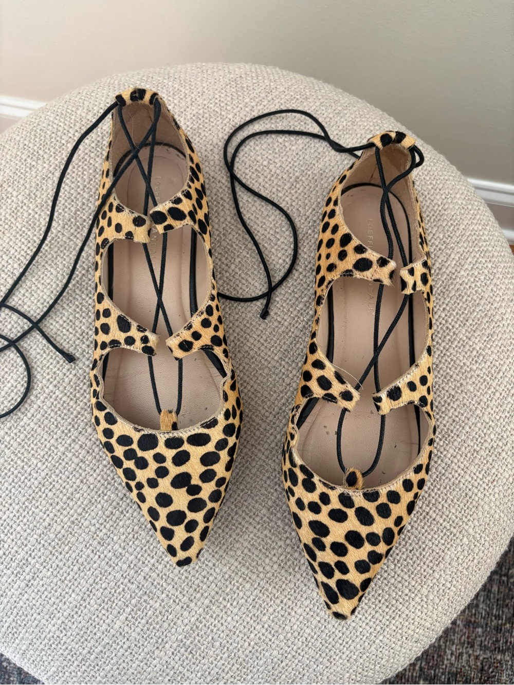 Loeffler Randall Black and Tan Spotted Lace-Up Pointed Flats